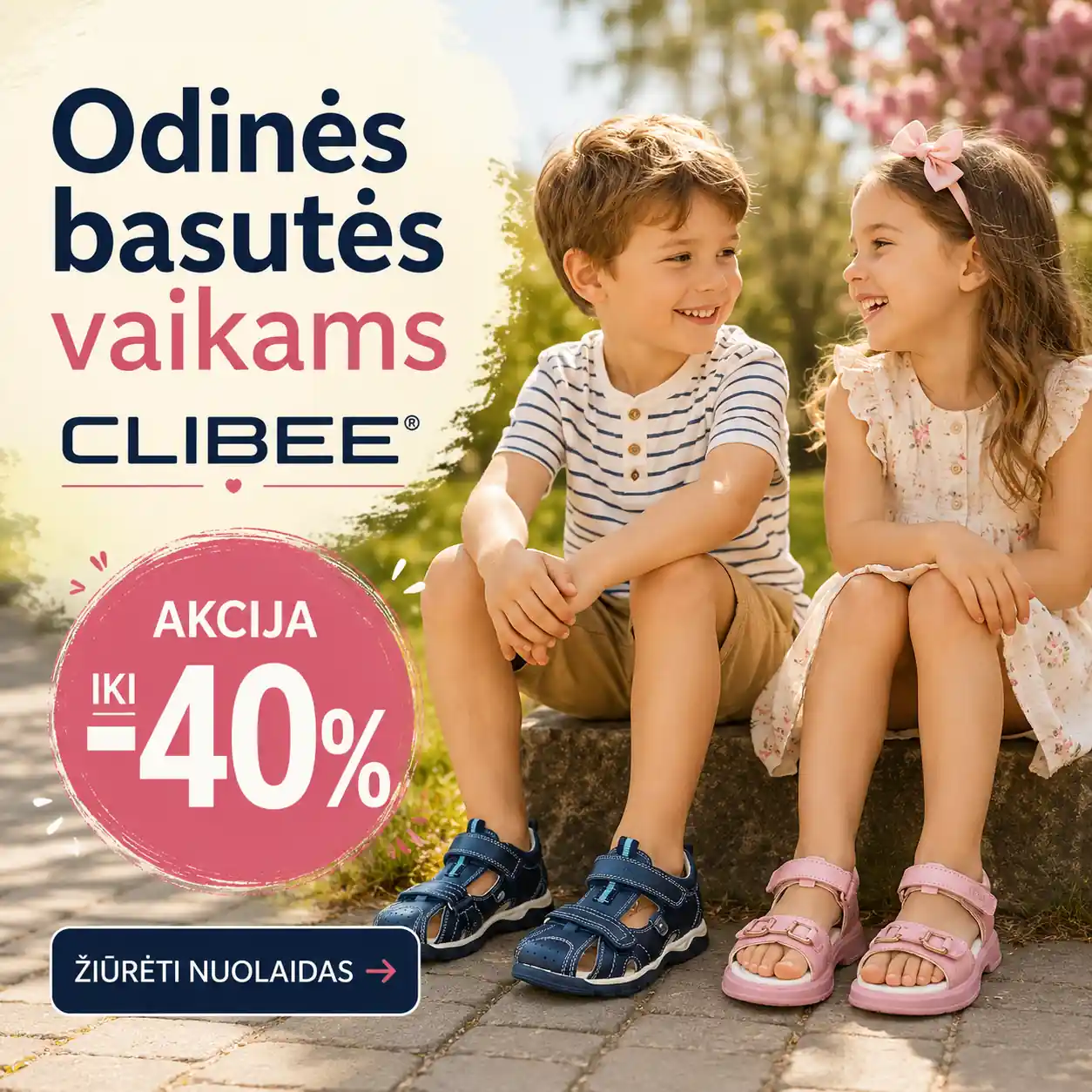 Vaikai su odinėmis CLIBEE basutėmis parke – vaikiškų basučių akcija iki -40% - Vilniaus Avalynė