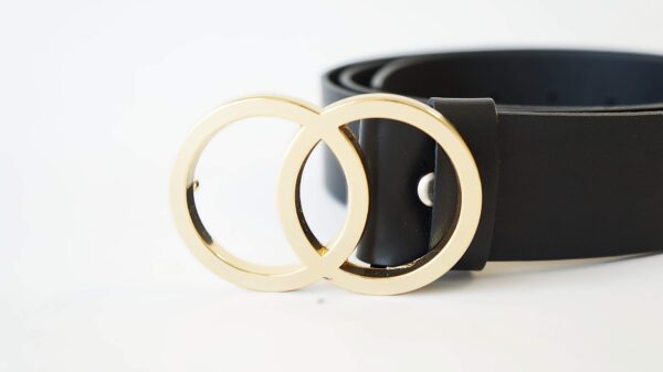 Prabangus juodas moteriškas odinis diržas su auksine sagtimi 4 cm Vilnius Fashion Belts