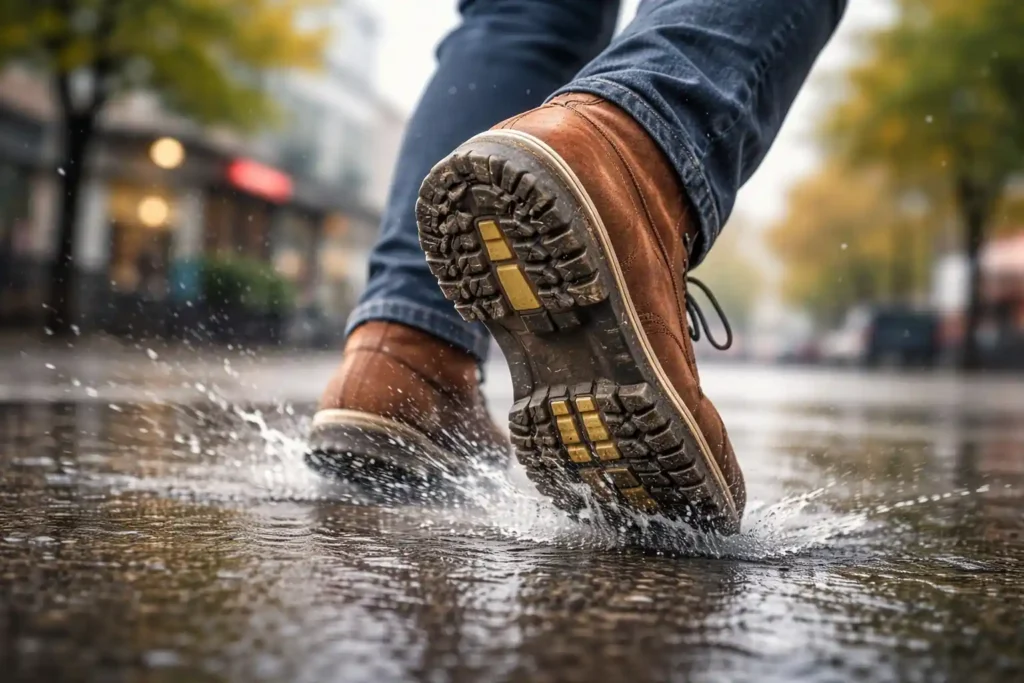 Batų padas su protektoriumi ant šlapio asfalto – slydimo pavasarį pavyzdys