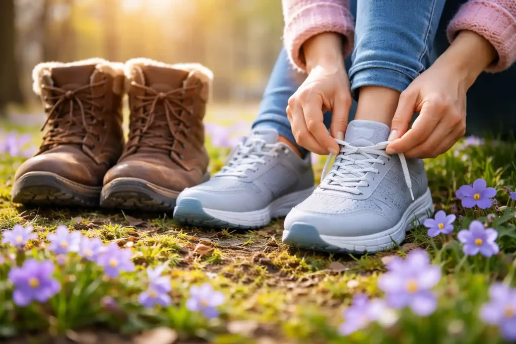 Žieminiai batai keičiami į lengvus pavasarinius sportbačius atėjus pavasariui