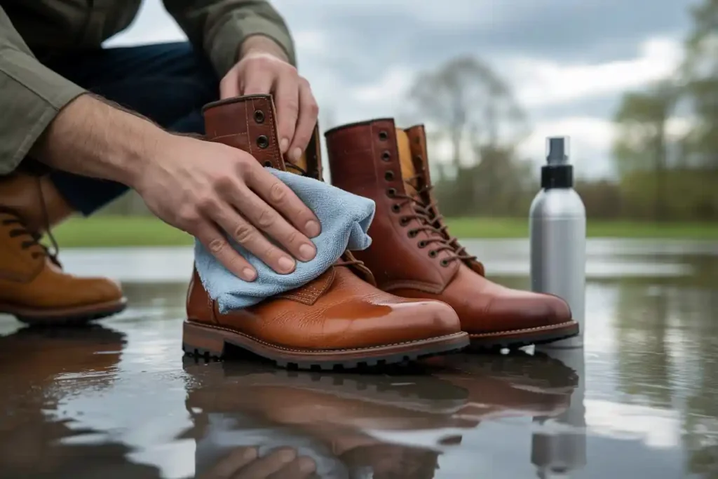 Odiniai batai valomi ir impregnuojami apsaugai nuo lietaus