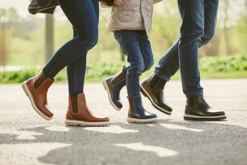 Šeima su skirtingais pavasariniais batais ankstyvo pavasario aplinkoje