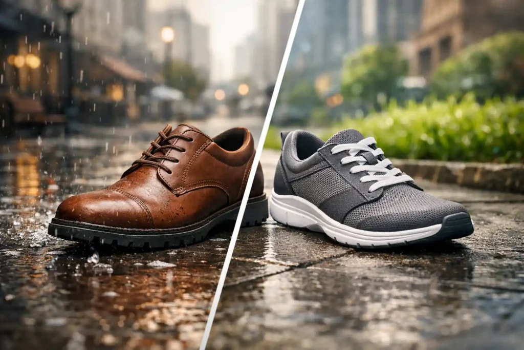 Odiniai ir tekstiliniai pavasariniai batai ant šlapio miesto asfalto po lietaus