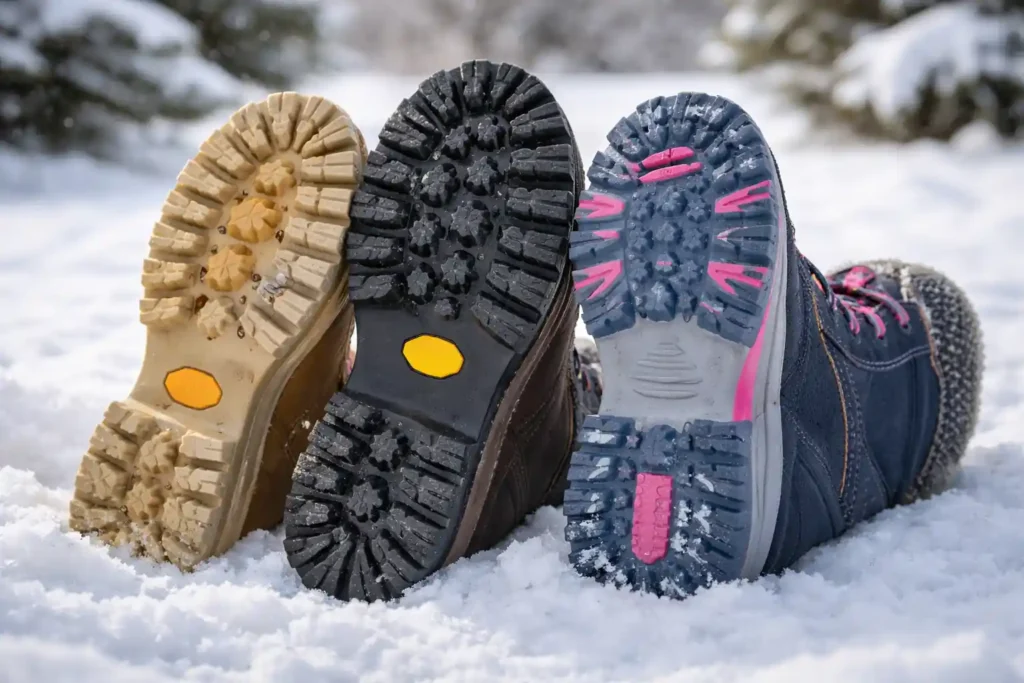 Žieminių batų padų protektoriai su giliu raštu sukibimui su sniegu ir ledu