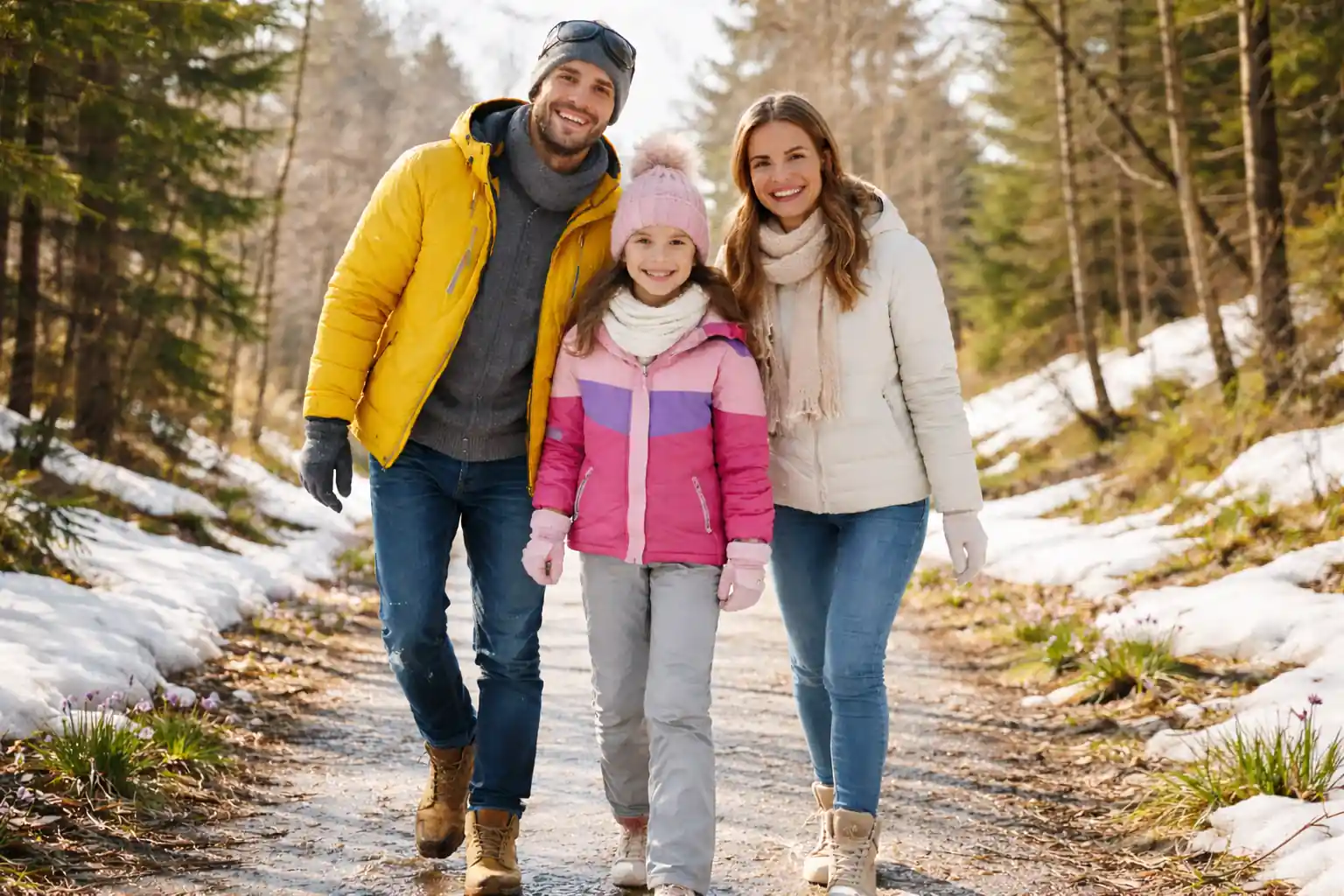 Šeima vaikšto miško taku pereinamuoju žiemos į pavasarį laikotarpiu, avi kokybiškus batus visai šeimai