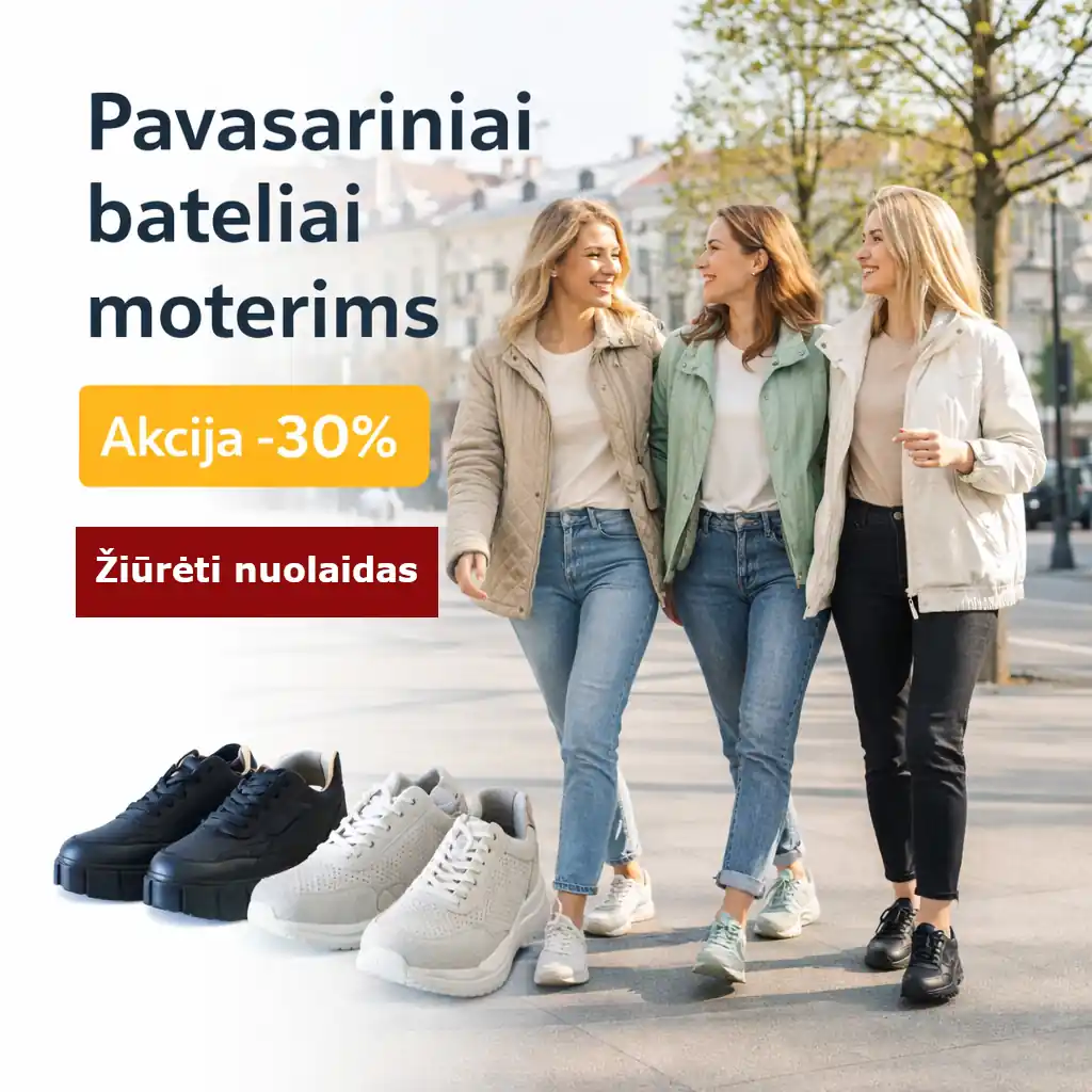 Pavasariniai bateliai moterims. Akcija -30%. Vilniaus Avalynė 2026 pavasaris.