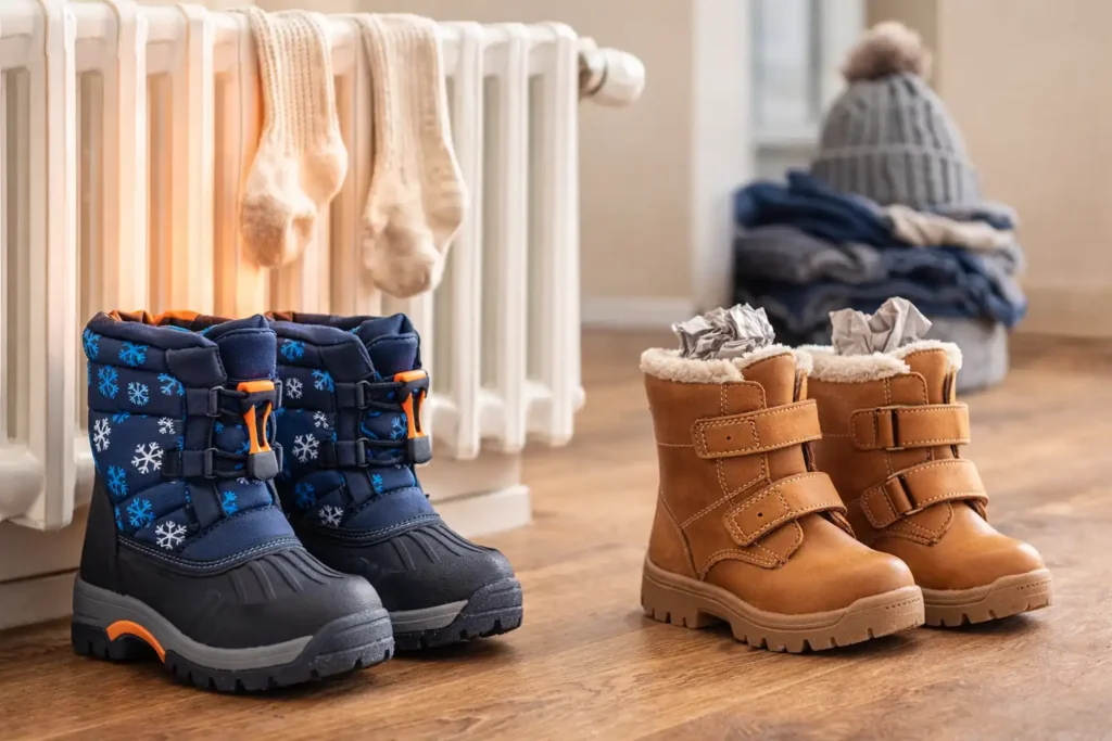 Vaikiški žieminiai batai džiovinami – sniego batai prie radiatoriaus, odiniai kambario temperatūroje