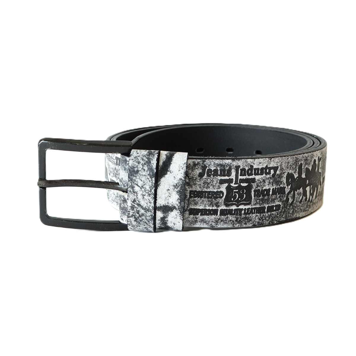 Prabangus juodai-baltas odinis vyriškas diržas JEANS su raštu ir juoda sagtimi 4 cm - Vilnius Fashion Belts