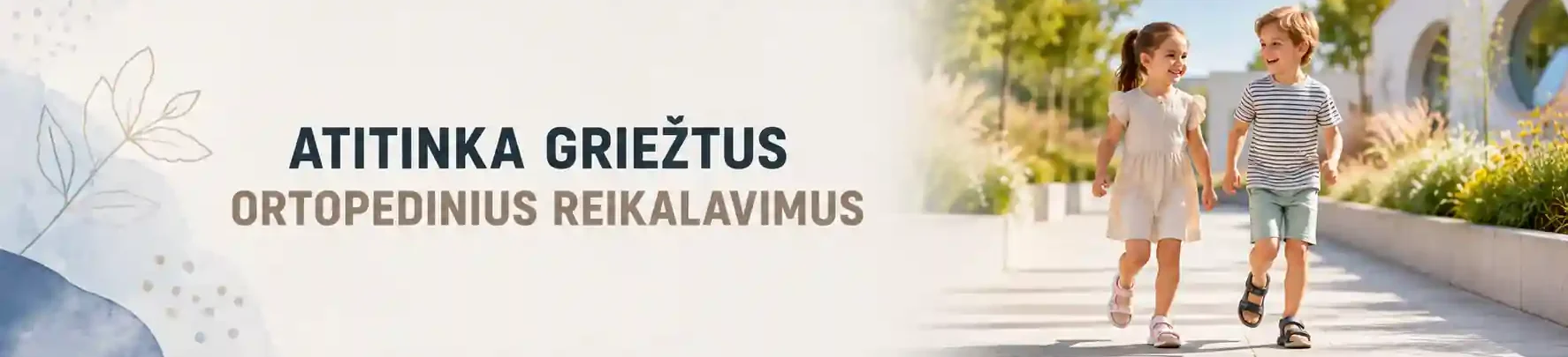 Du vaikai su ortopedinius reikalavimus atitinkančiomis basutėmis vaikšto saulėtą vasaros dieną