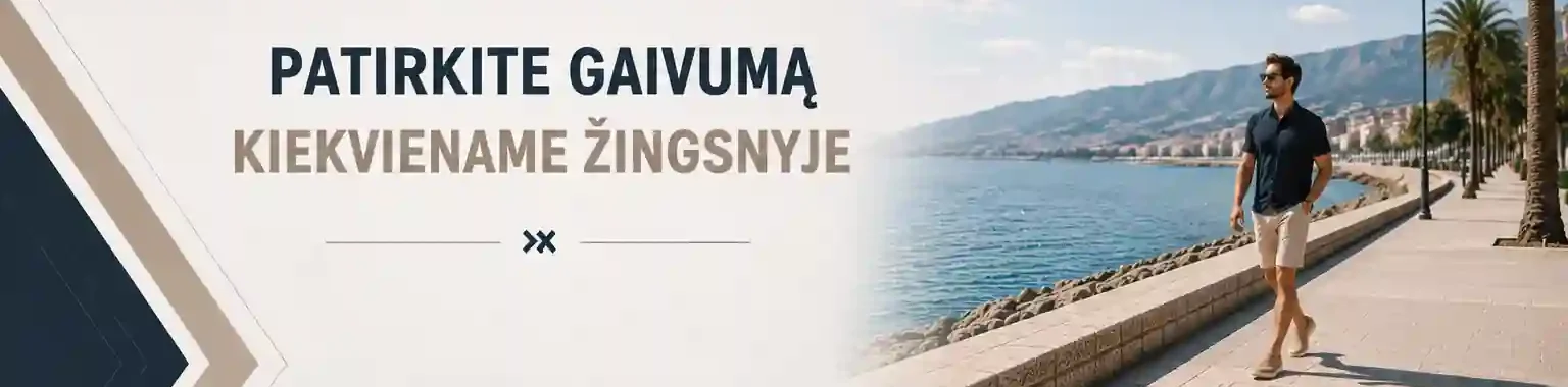 Vyras su lengvais vasariniais batais vaikšto saulėta pajūrio promenada - Vilniaus Avalynė