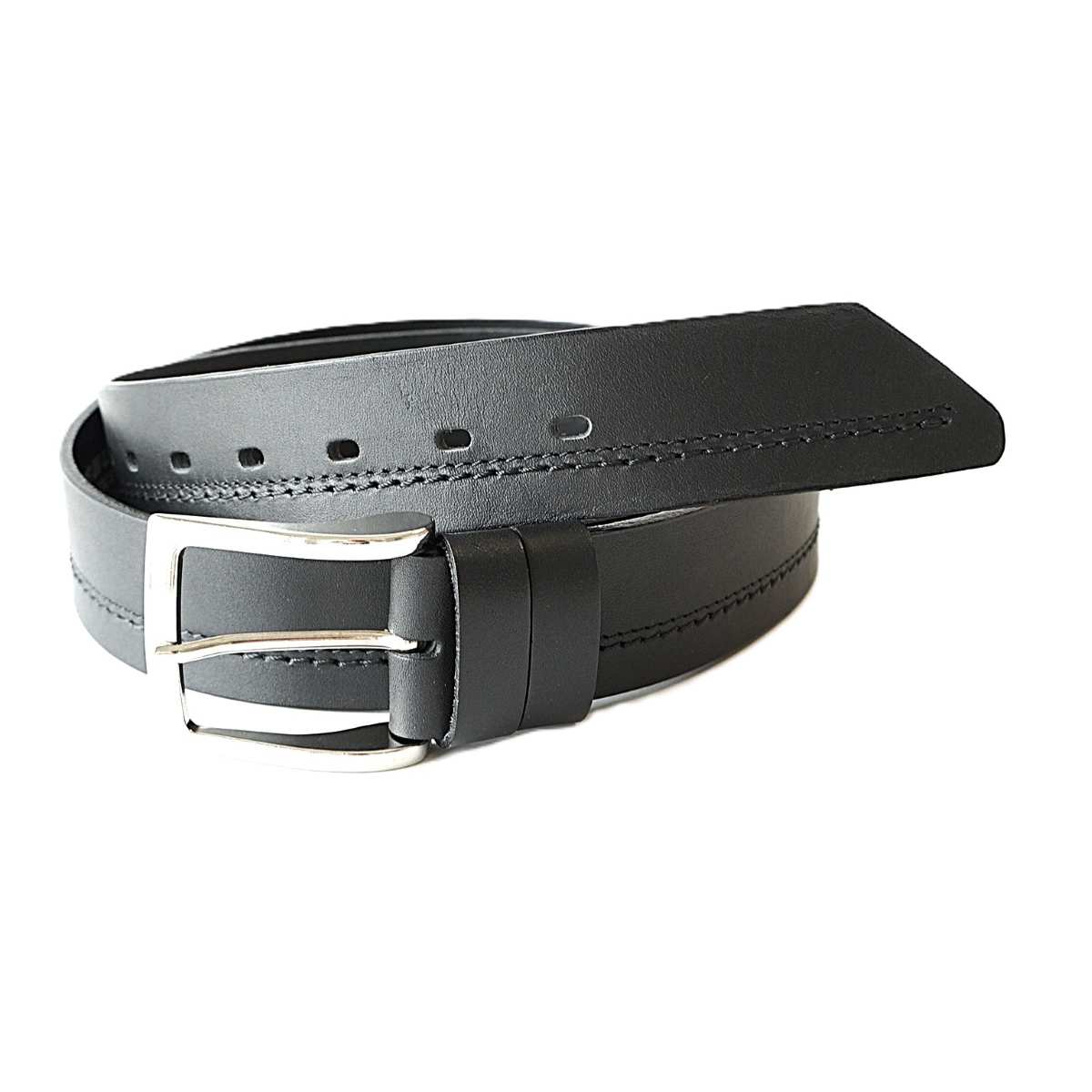Juodas odinis vyriškas diržas su juoda dekoratyvine siūle - Vilnius Fashion Belts - užbaigimas