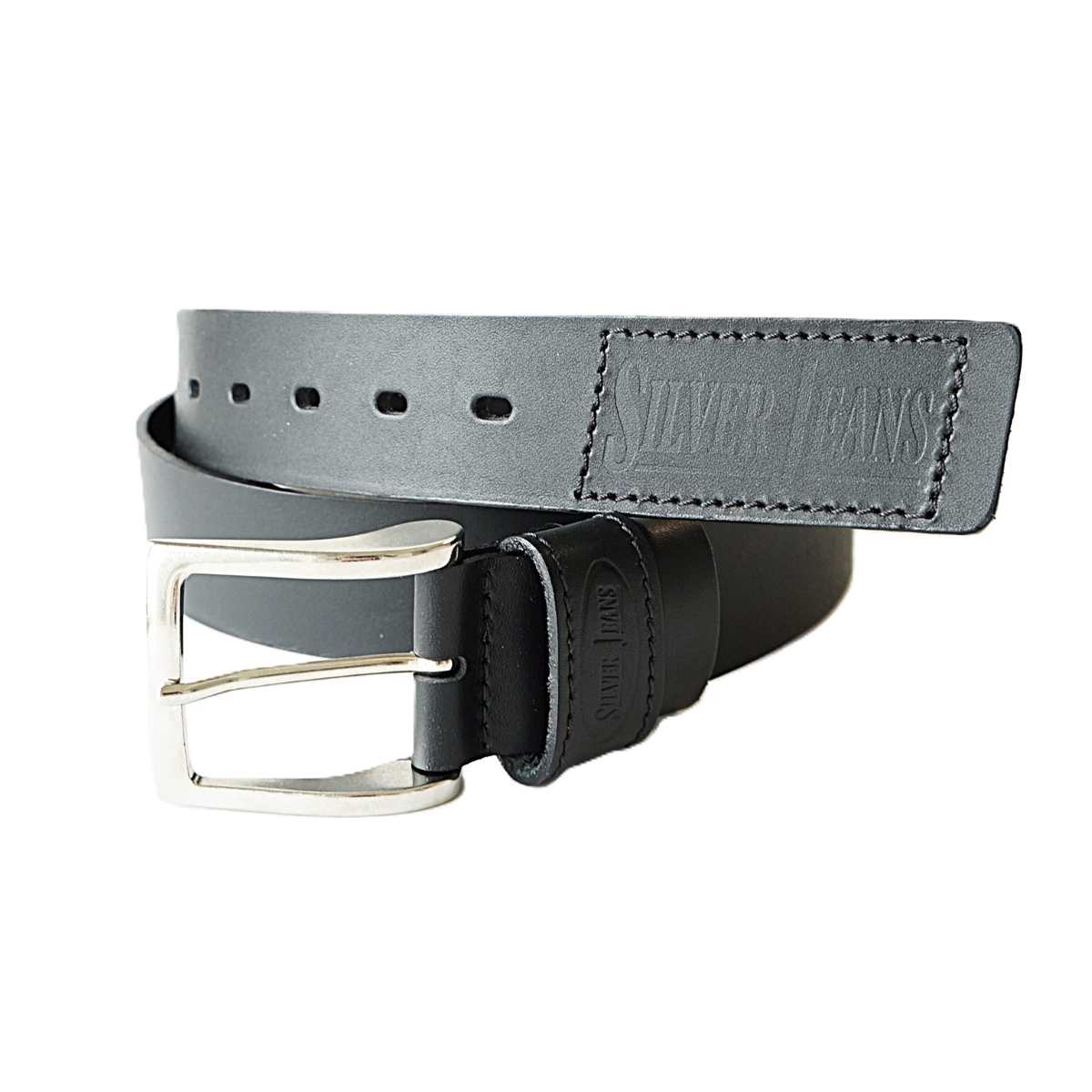 Juodas odinis vyriškas diržas Silver Jeans su įspaustu raštu 4 cm - Vilnius Fashion Belts - užbaigimas