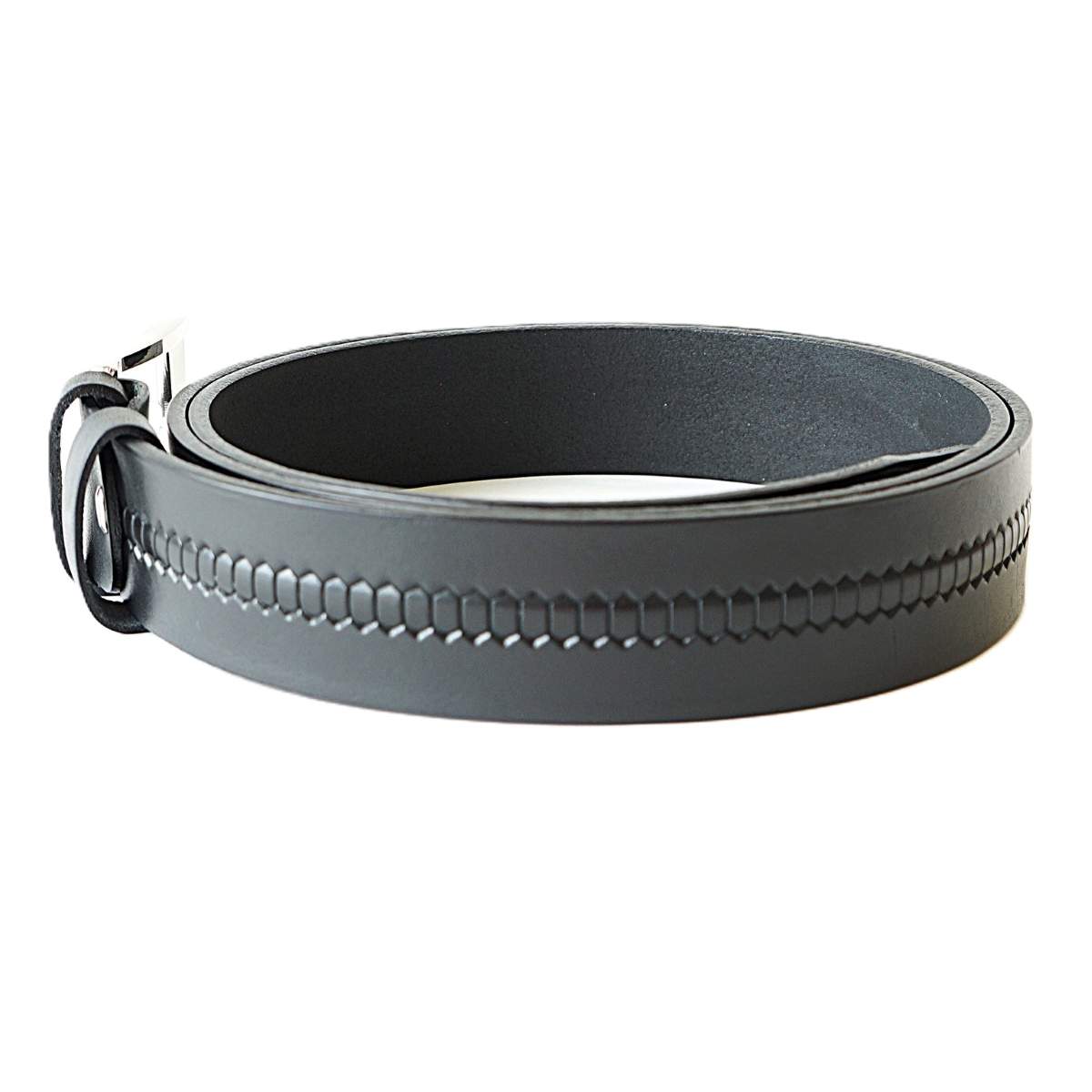 Juodas odinis vyriškas diržas su įspaustu raštu 3,5 cm - Vilnius Fashion Belts - rašto tekstūra